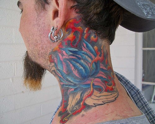 Colorful Lotus Flower Tattoo On Man Side Neck