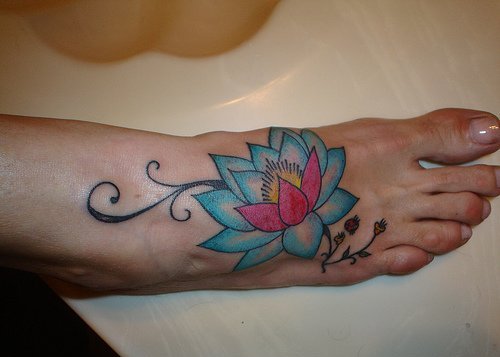 Colorful Lotus Flower Tattoo On Right Foot