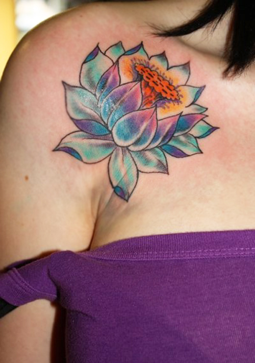 Colorful Lotus Flower Tattoo On Right Front Shoulder