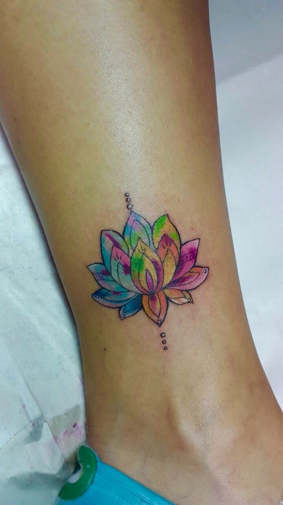 Colorful Lotus Flower Tattoo On Right Leg