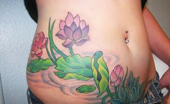 Colorful Lotus Flowers In Water Tattoo On Waist