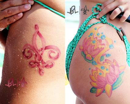 Colorful Lotus Flowers Tattoo On Girl Right Hip