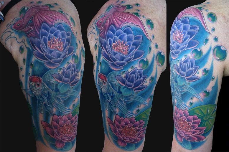 Colorful Lotus Flowers Tattoo On Half Sleeve