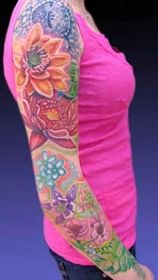 Colorful Lotus Flowers Tattoo On Women Right Full Sleeve