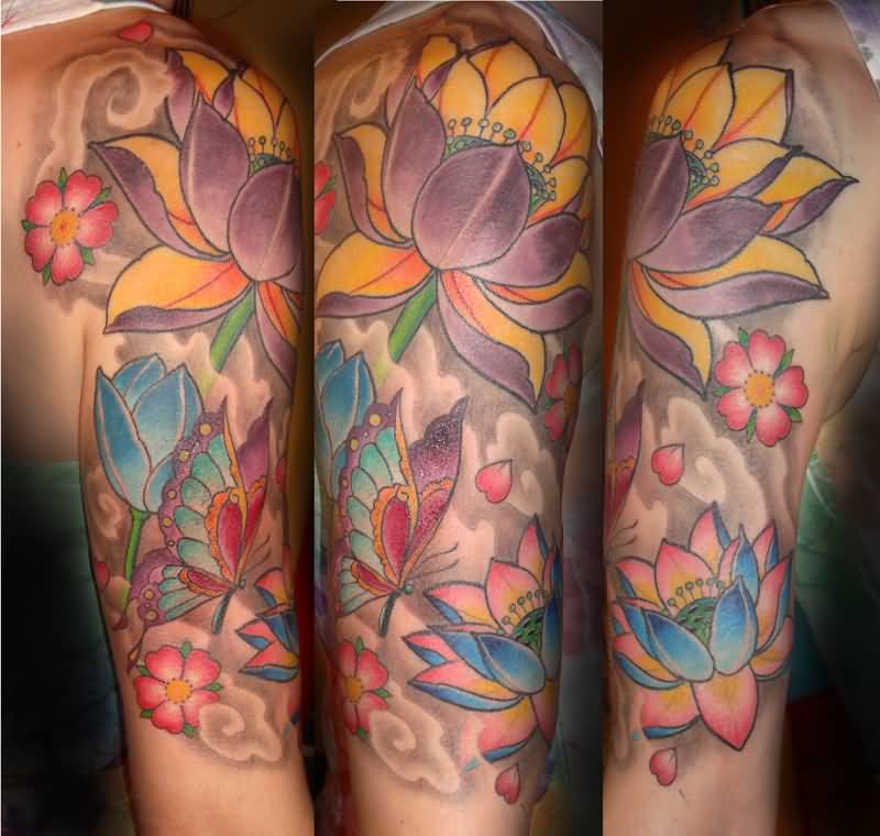 Colorful Lotus Flowers With Butterfly Tattoo On Right Half Sleeve