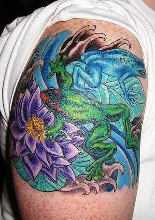 Colorful Lotus Flowers With Frogs Tattioo Design For Upper Arm