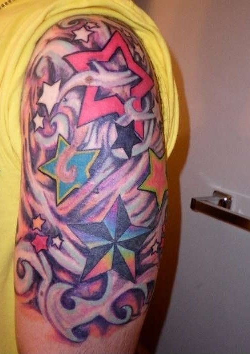 Colorful Nautical Star Tattoos On Left Half Sleeve