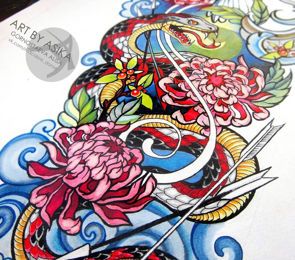 Colorful Neo Traditional Snake With Flowers Tattoo Design