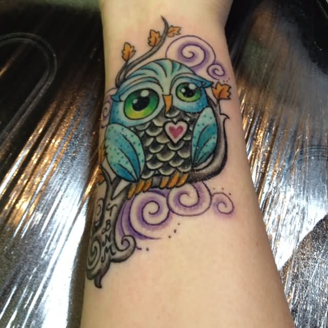 Colorful Owl Tattoo Design For Wrist