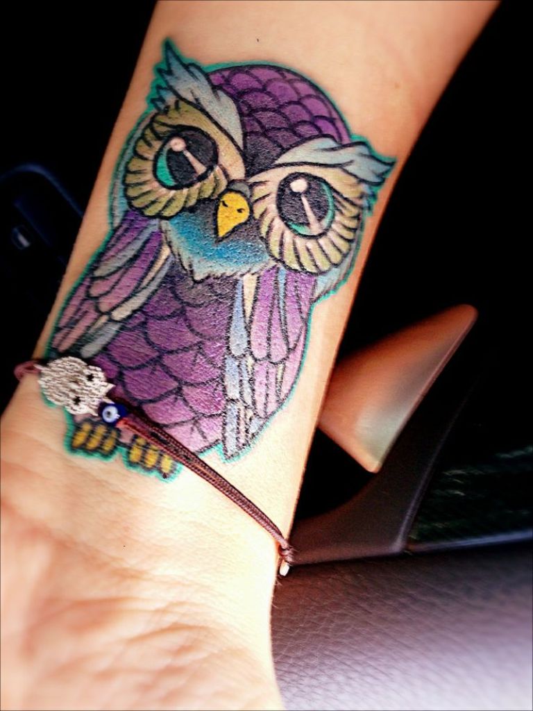 Colorful Owl Tattoo On Wrist