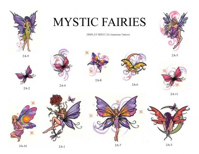 Colorful Small Fairies With Butterflies Tattoo Flash