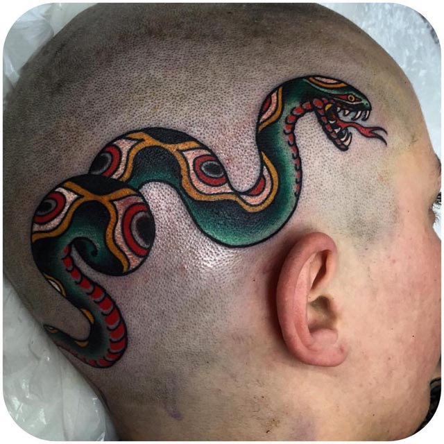 Colorful Snake Tattoo On Man Head’