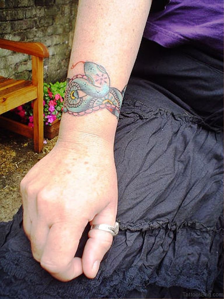 Colorful Snake Tattoo On Right Wrist