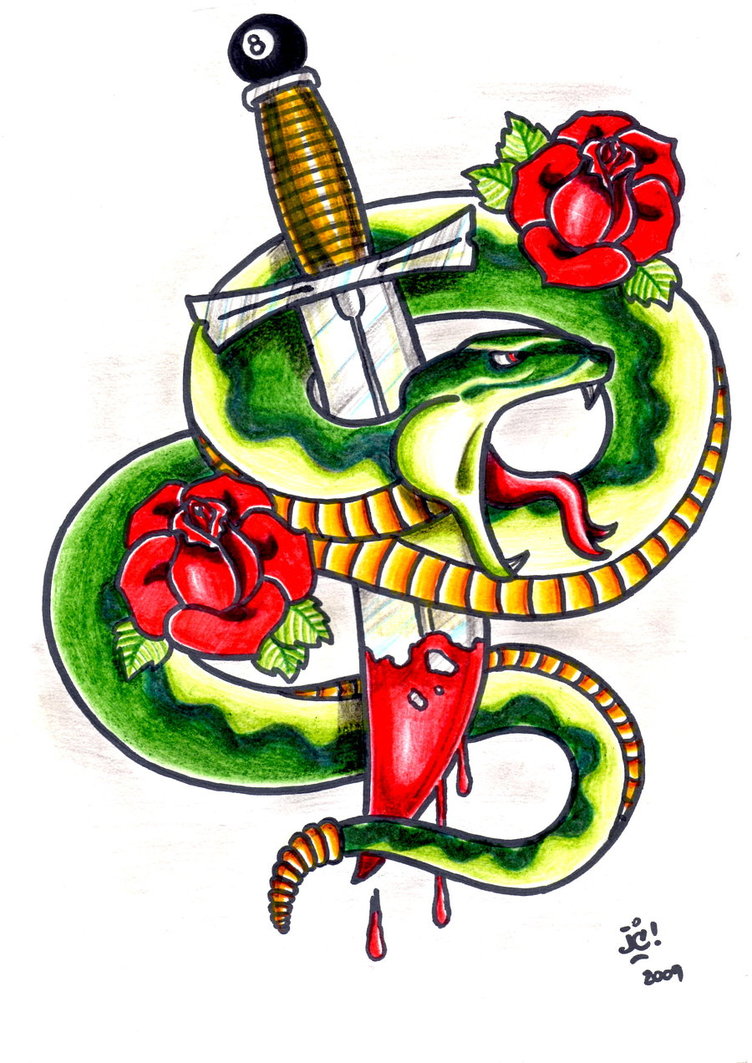 Colorful Snake With Dagger And Roses Tattoo Design