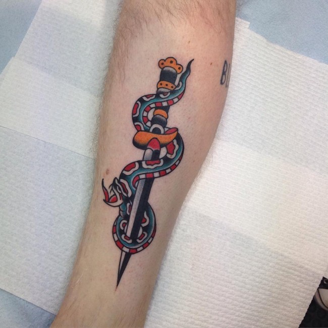 Colorful Snake With Dagger Tattoo Design For Forearm
