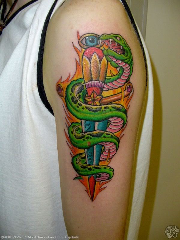 Colorful Snake With Dagger Tattoo On Left Half Sleeve
