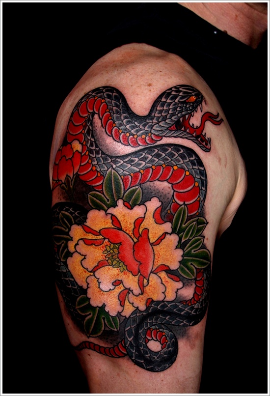 Colorful Snake With Flower Tattoo On Right Half Sleeve