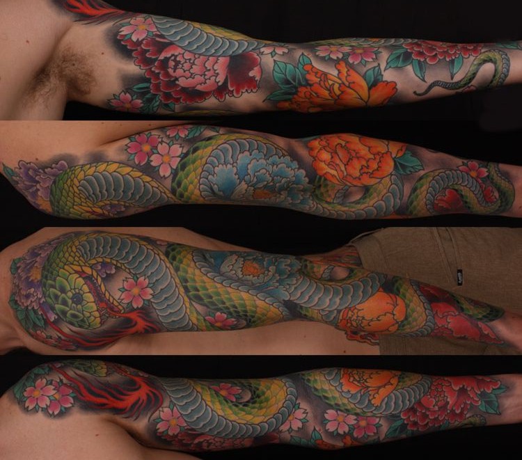 Colorful Snake With Flowers Tattoo On Man Left Full Sleeve