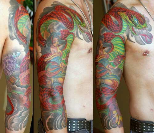 Colorful Snake With Women Right Half Sleeve
