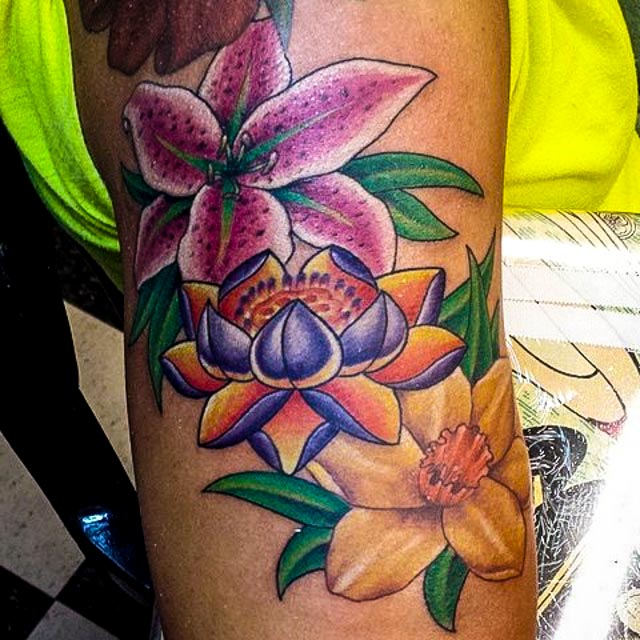 Colorful Stargazer Lily Tattoo On Arm Sleeve