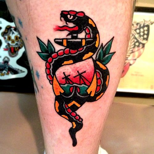 Colorful Traditional Anchor With Snake Tattoo Design By Nick Moran