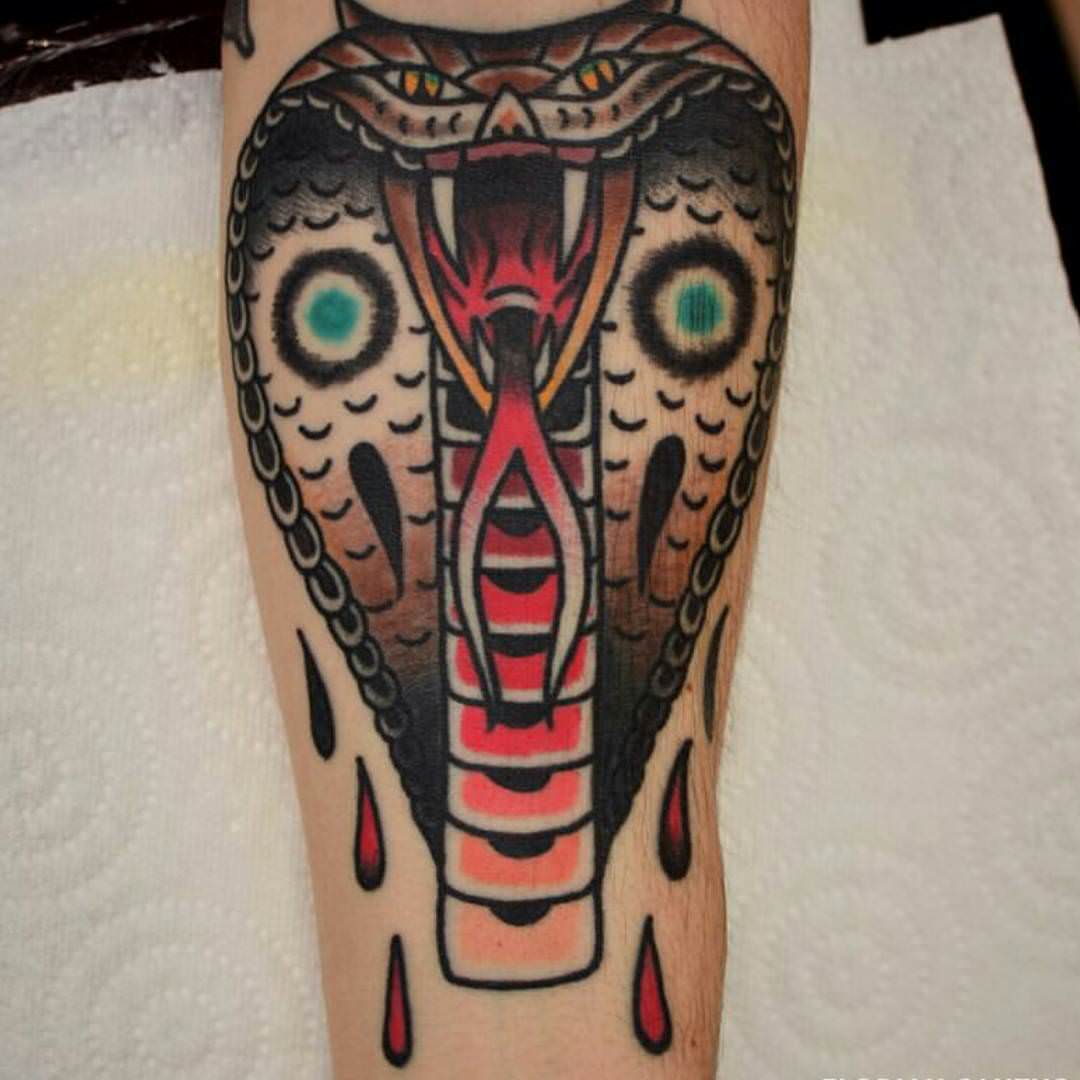 Colorful Traditional Cobra Snake Head Tattoo Design For Sleeve