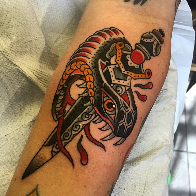 Colorful Traditional Dagger In Snake Head Tattoo Design For Sleeve