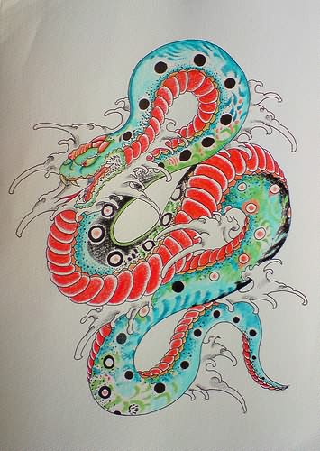 Colorful Traditional Japanese Snake Tattoo Design