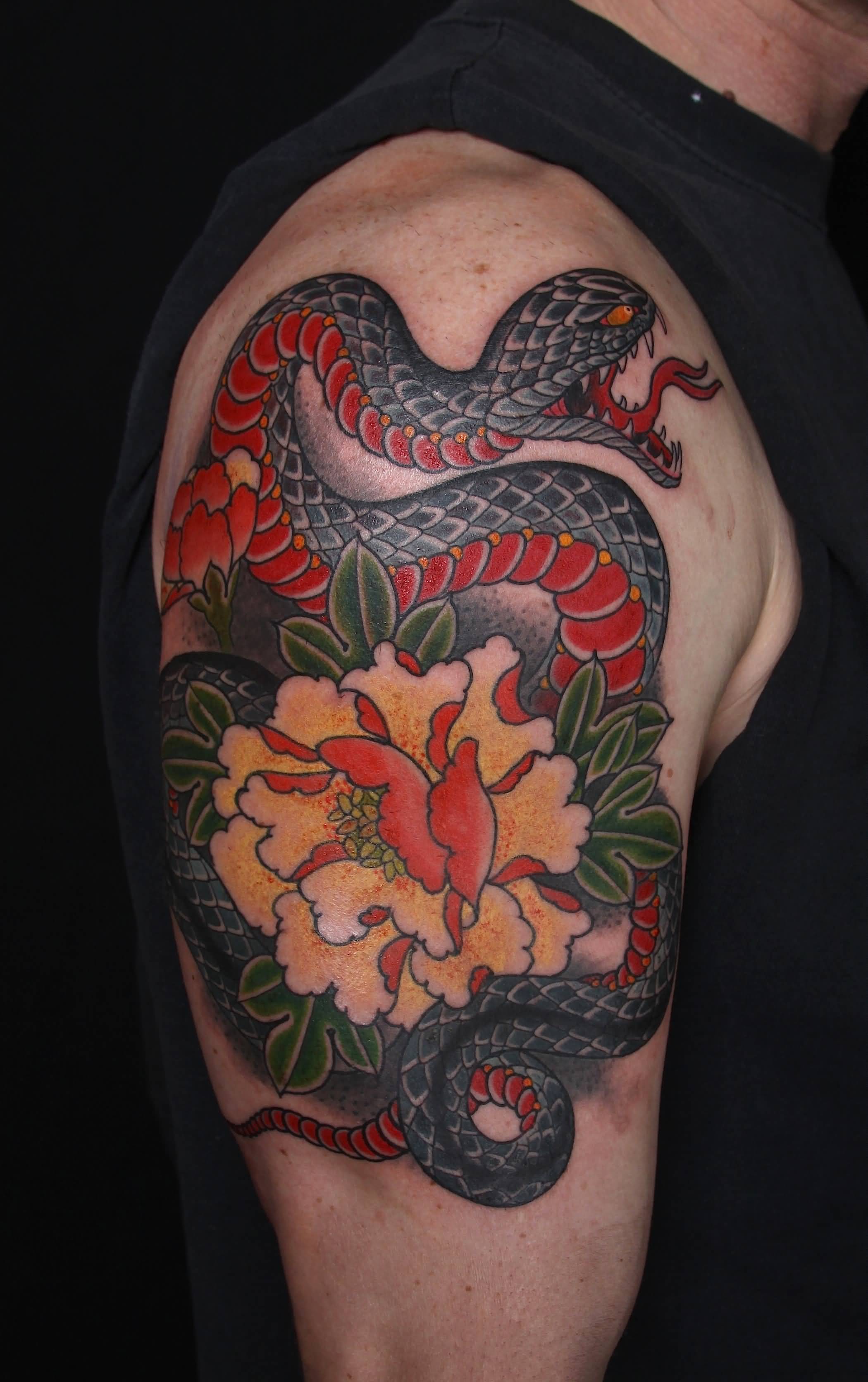 Colorful Traditional Japanese Snake Tattoo On Right Half Sleeve