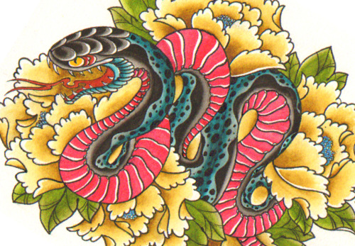 Colorful Traditional Japanese Snake With Flowers Tattoo Design