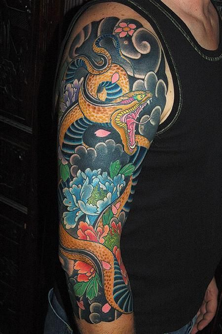 Colorful Traditional Japanese Snake With Flowers Tattoo On Right Full Sleeve