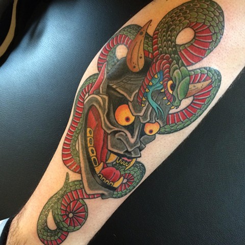 Colorful Traditional Japanese Snake With Hannya Tattoo Design For Leg By Fran Massino
