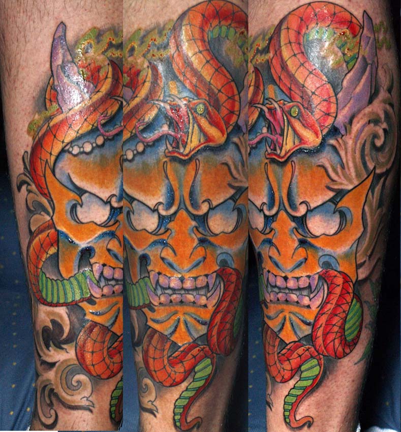 Colorful Traditional Japanese Snake With Hannya Tattoo Design For Sleeve