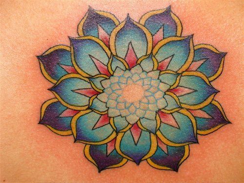 Colorful Traditional Lotus Flower Tattoo Design For Men