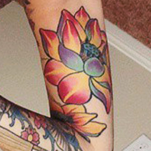 Colorful Traditional Lotus Flower Tattoo Half Sleeve
