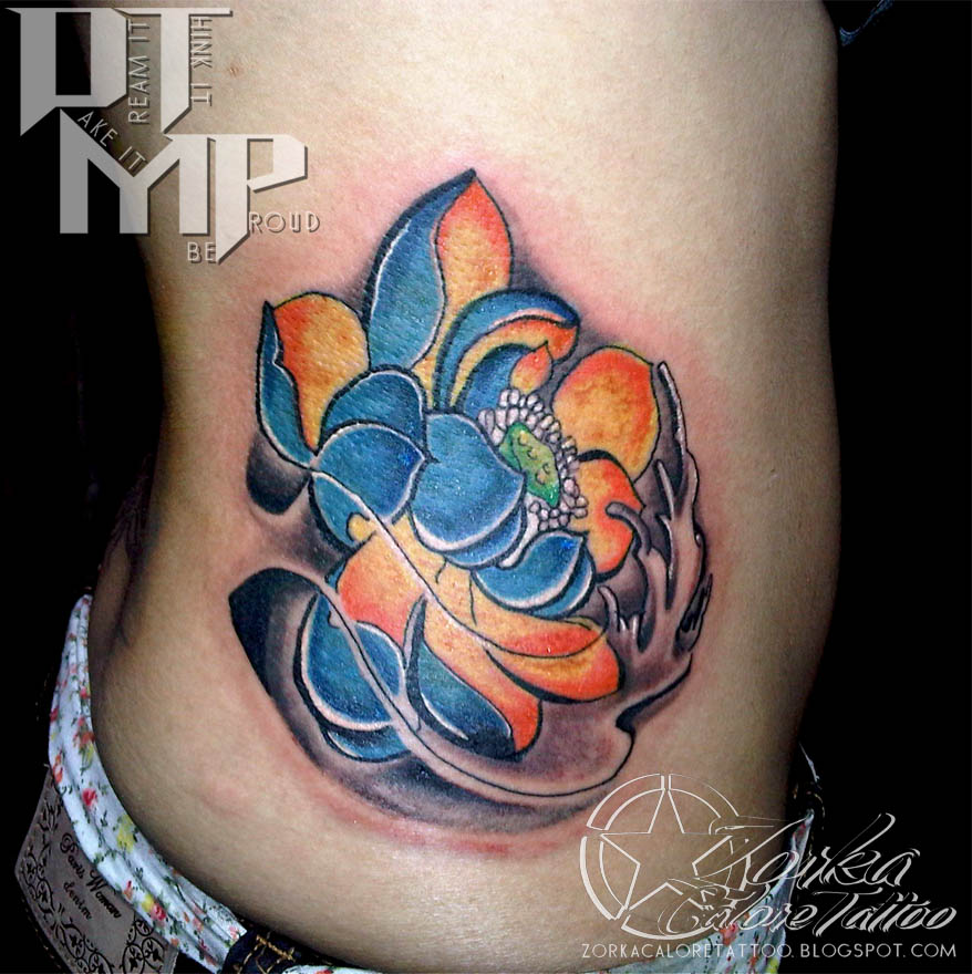 Colorful Traditional Lotus Flower Tattoo On Right Side Rib By surfboyz12