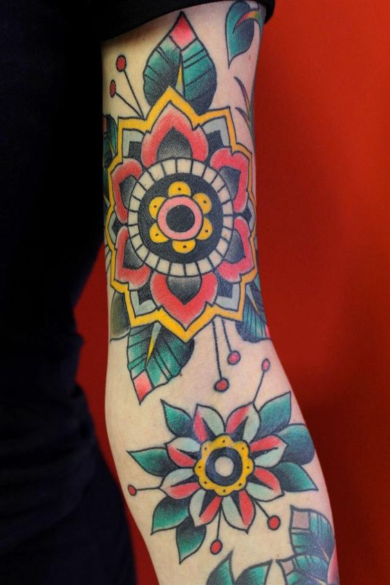 Colorful Traditional Lotus Tattoo On Full Sleeve