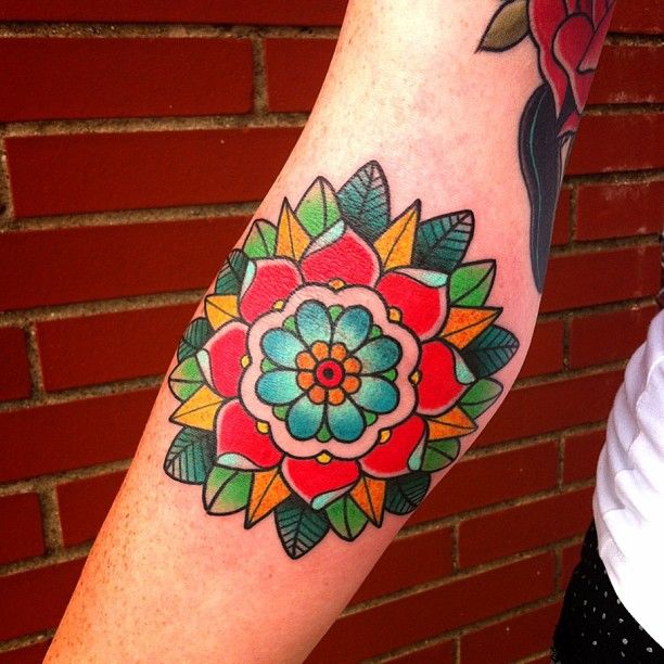 Colorful Traditional Lotus Tattoo On Right Forearm