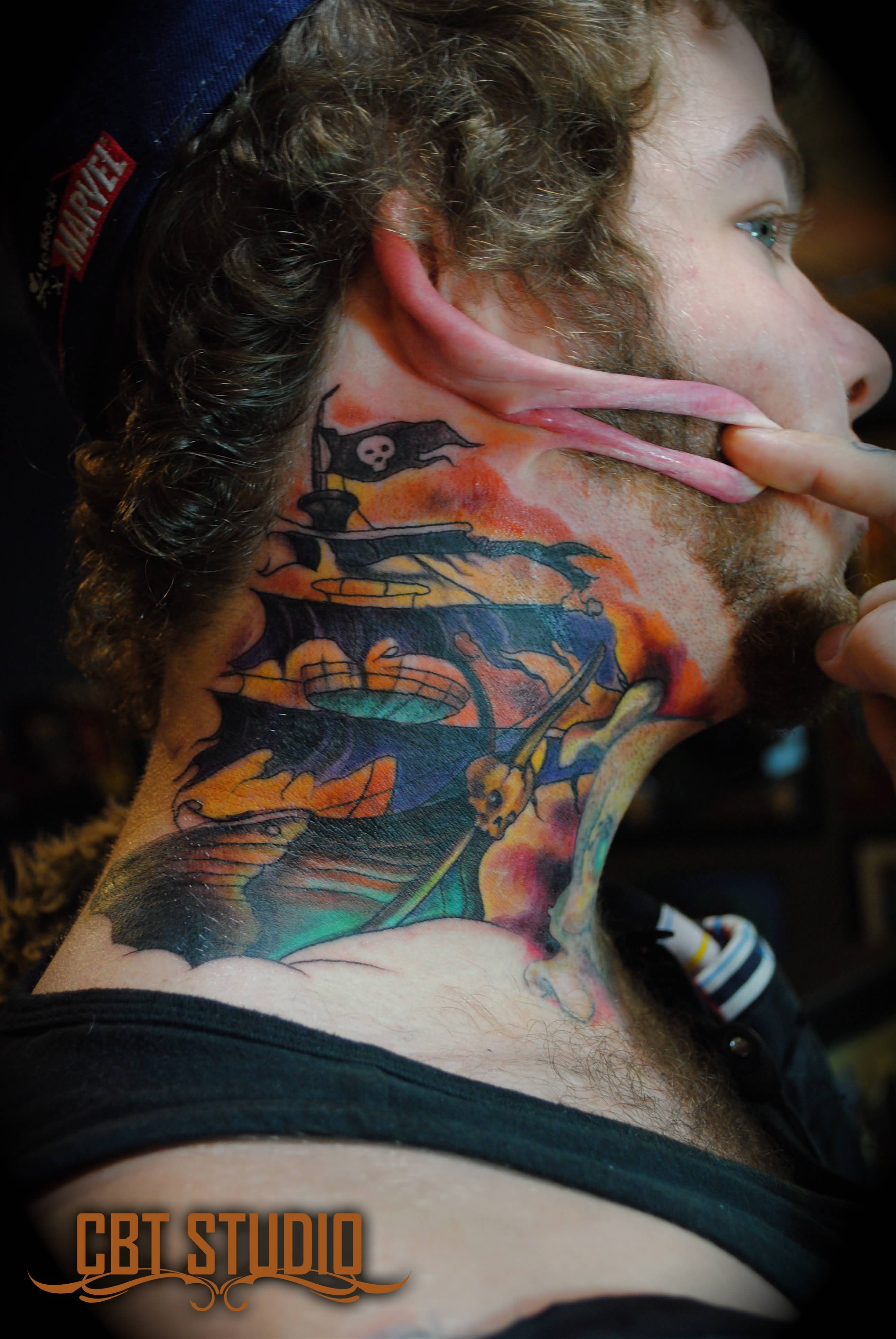 Colorful Traditional Pirate Ship Tattoo On Man Right Side Neck