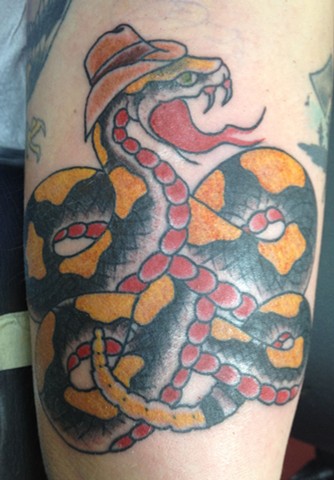 Colorful Traditional Rattlesnake Tattoo On Half Sleeve