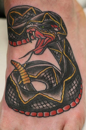 Colorful Traditional Rattlesnake Tattoo On Left Foot