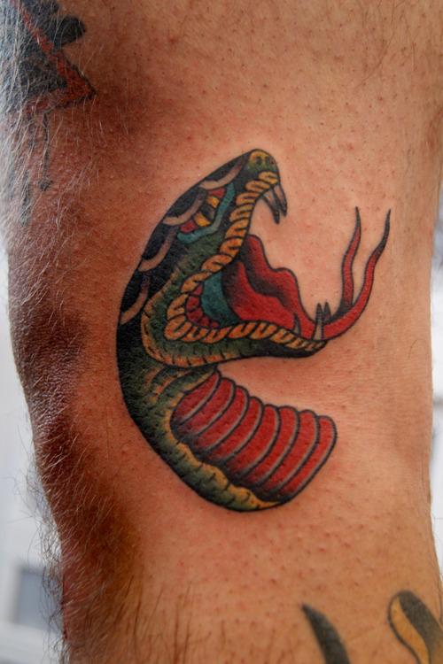 Colorful Traditional Snake Head Tattoo Design For Sleeve