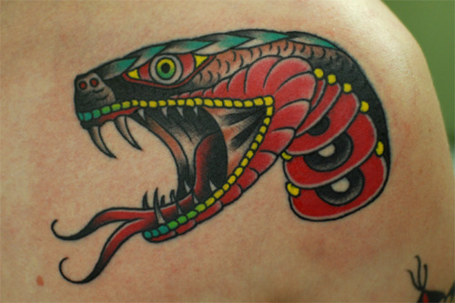 Colorful Traditional Snake Head Tattoo On Right Back Shoulder