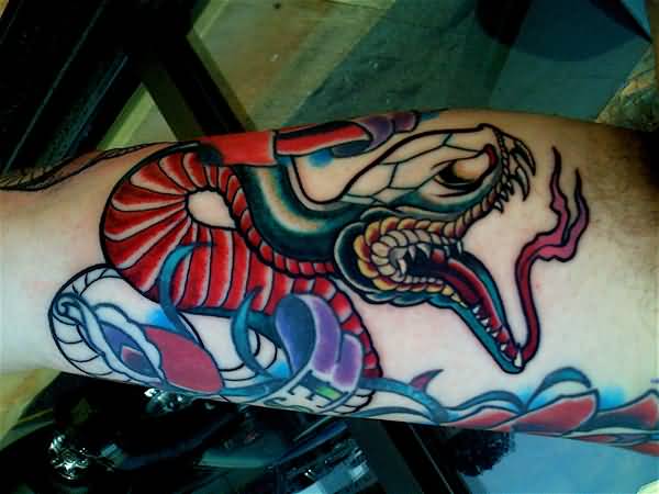 Colorful Traditional Snake Tattoo Design For Bicep