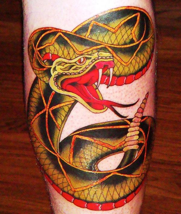 Colorful Traditional Snake Tattoo Design For Leg Calf
