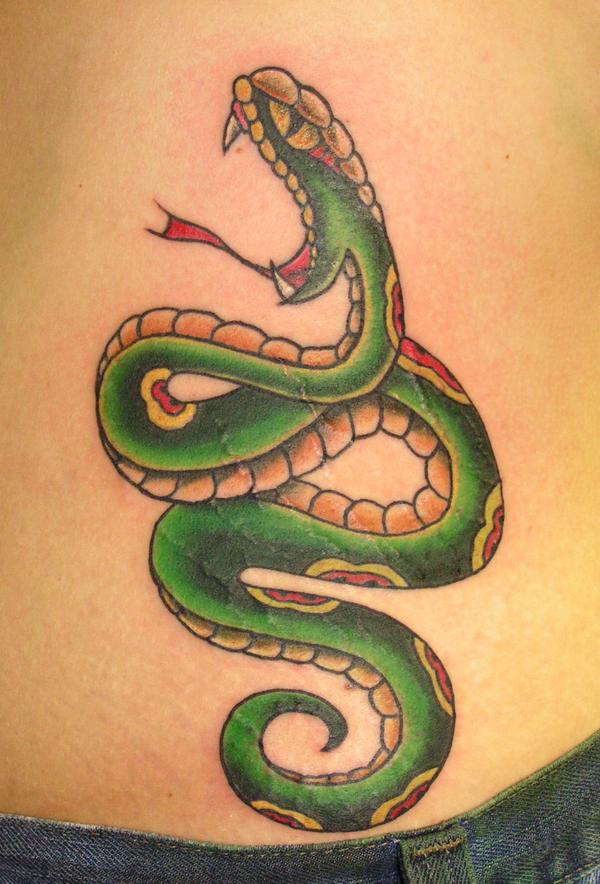 Colorful Traditional Snake Tattoo Design For Lower Back