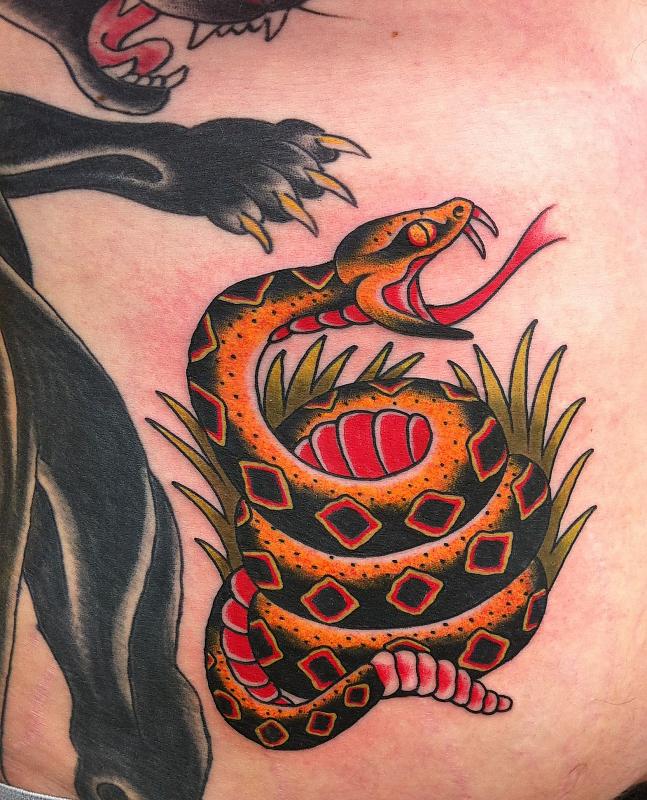 Colorful Traditional Snake Tattoo Design For Stomach By David Bruehl