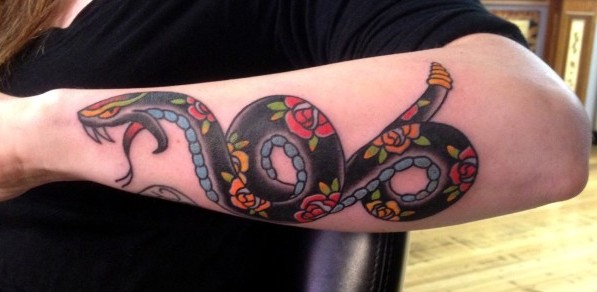 Colorful Traditional Snake Tattoo On Left Arm