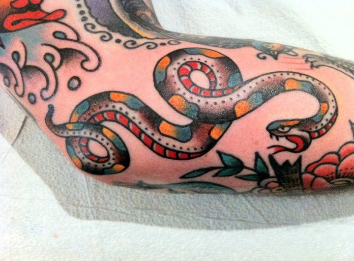 Colorful Traditional Snake Tattoo On Right Arm By Steve Boltz