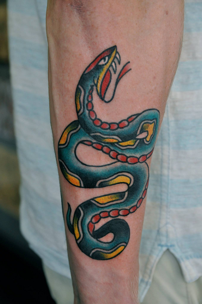 Colorful Traditional Snake Tattoo On Right Arm